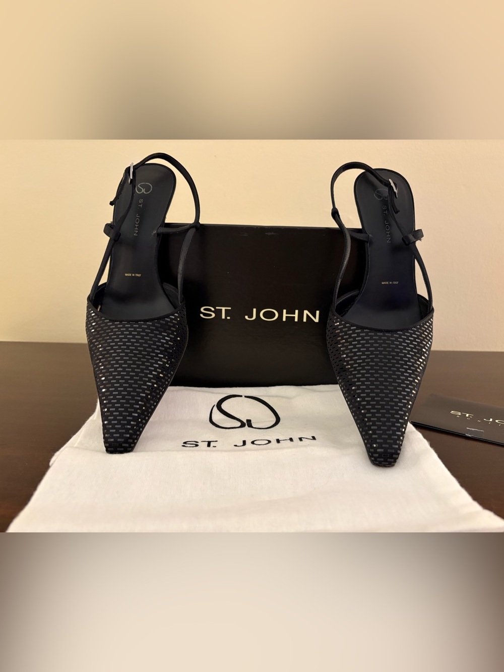 St. John Black Pointed Toe Beaded Evening Slingback Heels